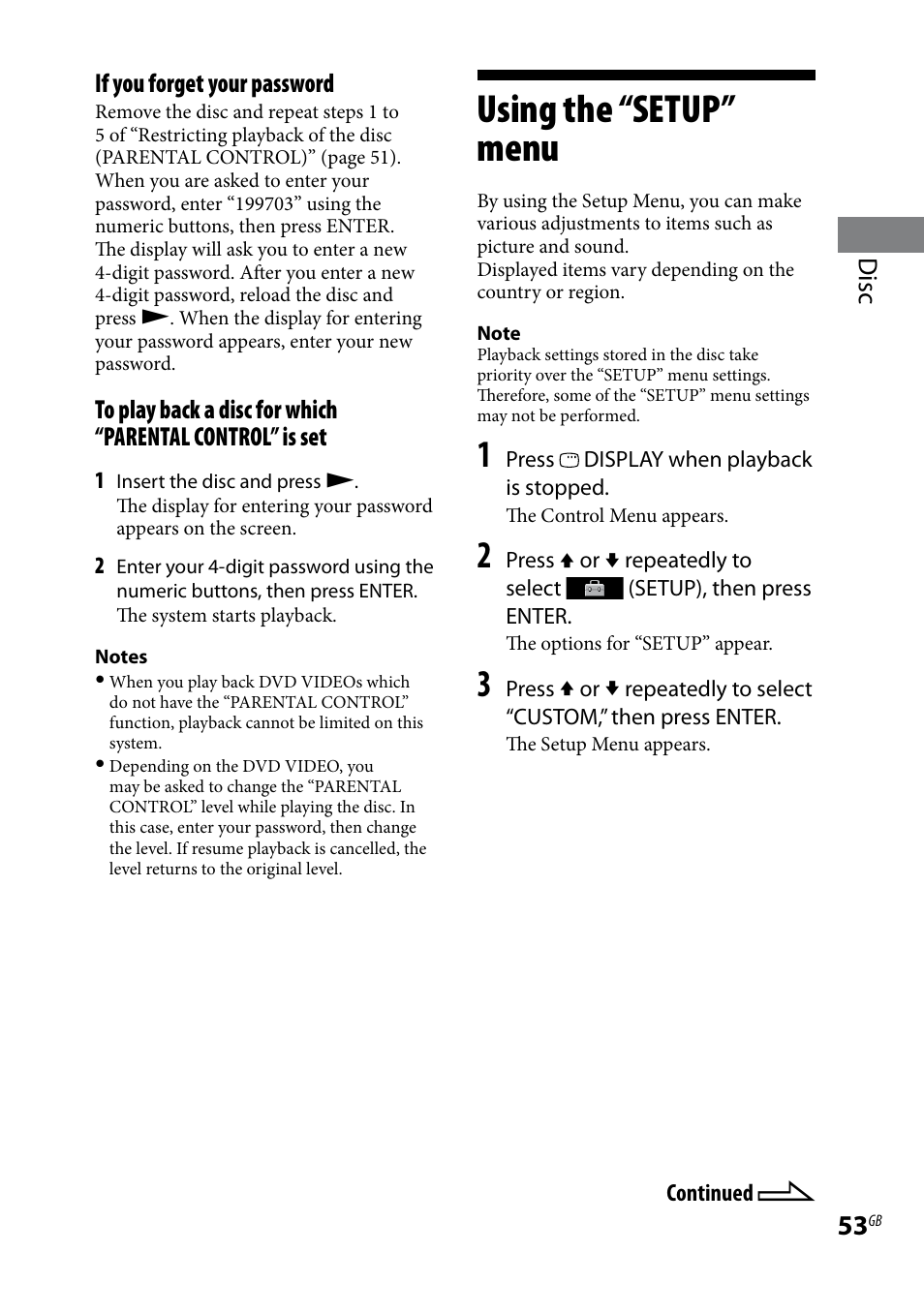 Using the “setup” menu, Disc if you forget your password | Sony WHG-SLK1I User Manual | Page 53 / 127