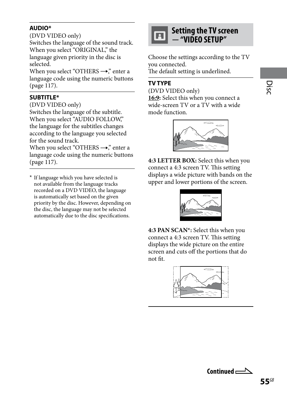 Setting the tv screen  “video setup, Disc | Sony WHG-SLK1I User Manual | Page 55 / 127
