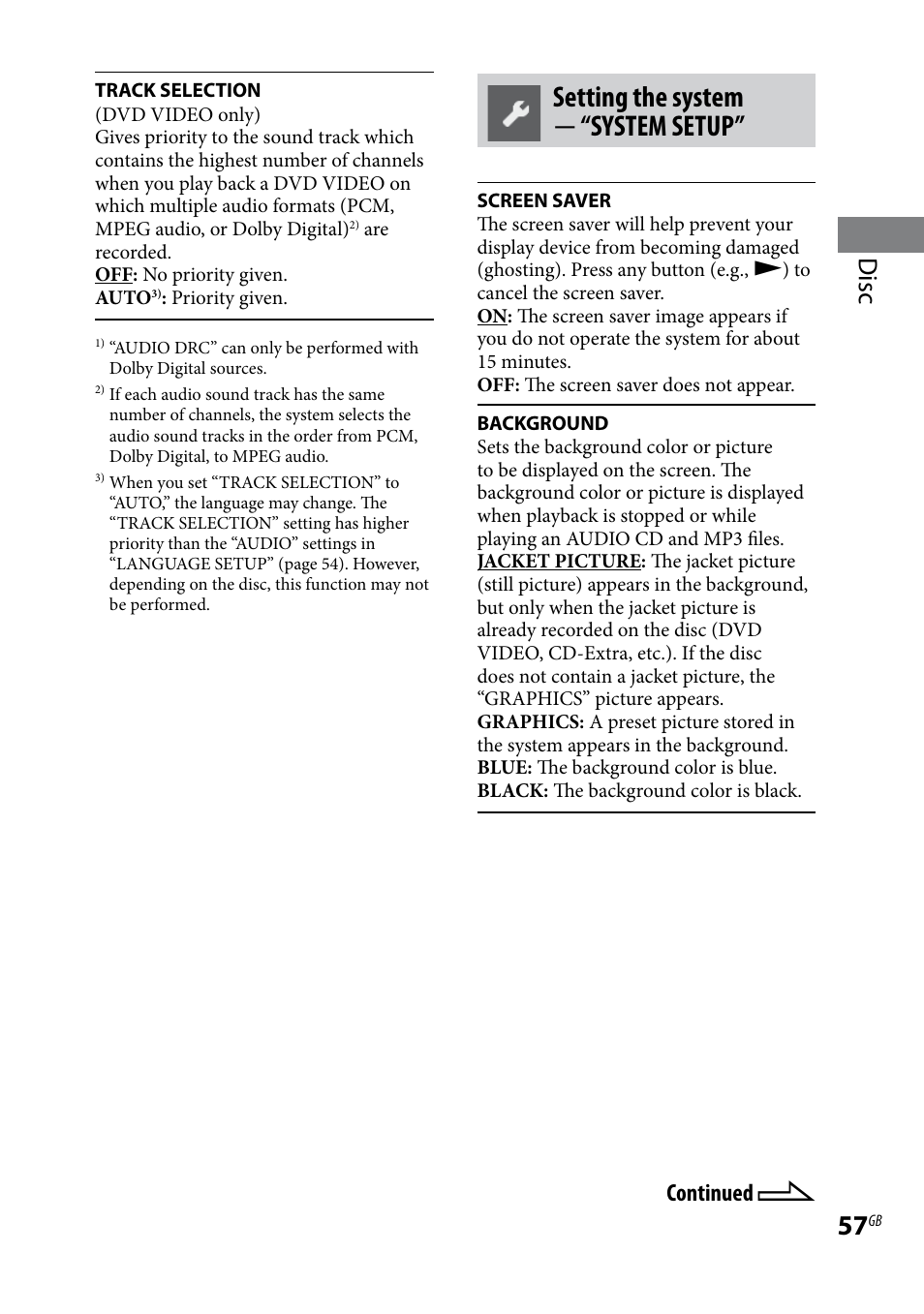 Setting the system  “system setup, Disc, Continued | Sony WHG-SLK1I User Manual | Page 57 / 127