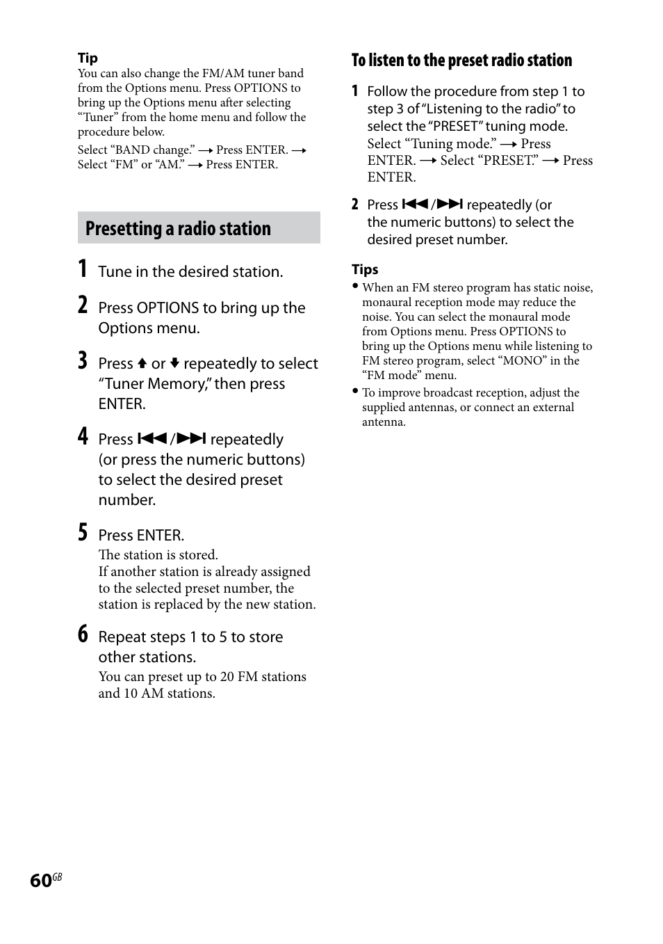 Presetting a radio station | Sony WHG-SLK1I User Manual | Page 60 / 127