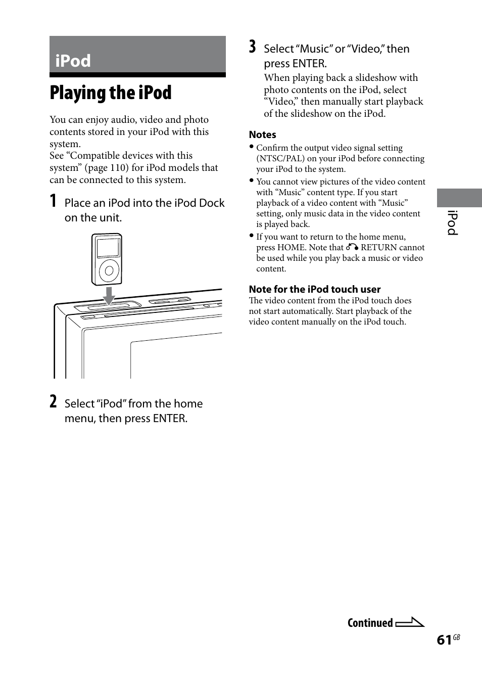 Ipod, Playing the ipod, Ip od | Sony WHG-SLK1I User Manual | Page 61 / 127