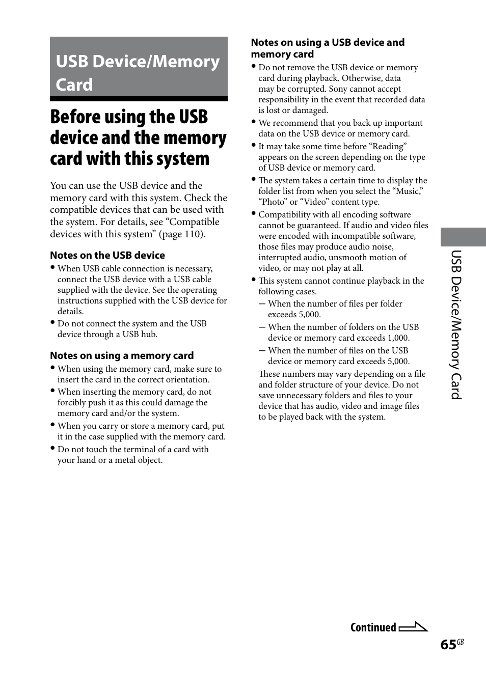 Usb device/memory card, Before using the usb device, And the memory card with this | System, Usb d evic e/m emor y c ar d | Sony WHG-SLK1I User Manual | Page 65 / 127