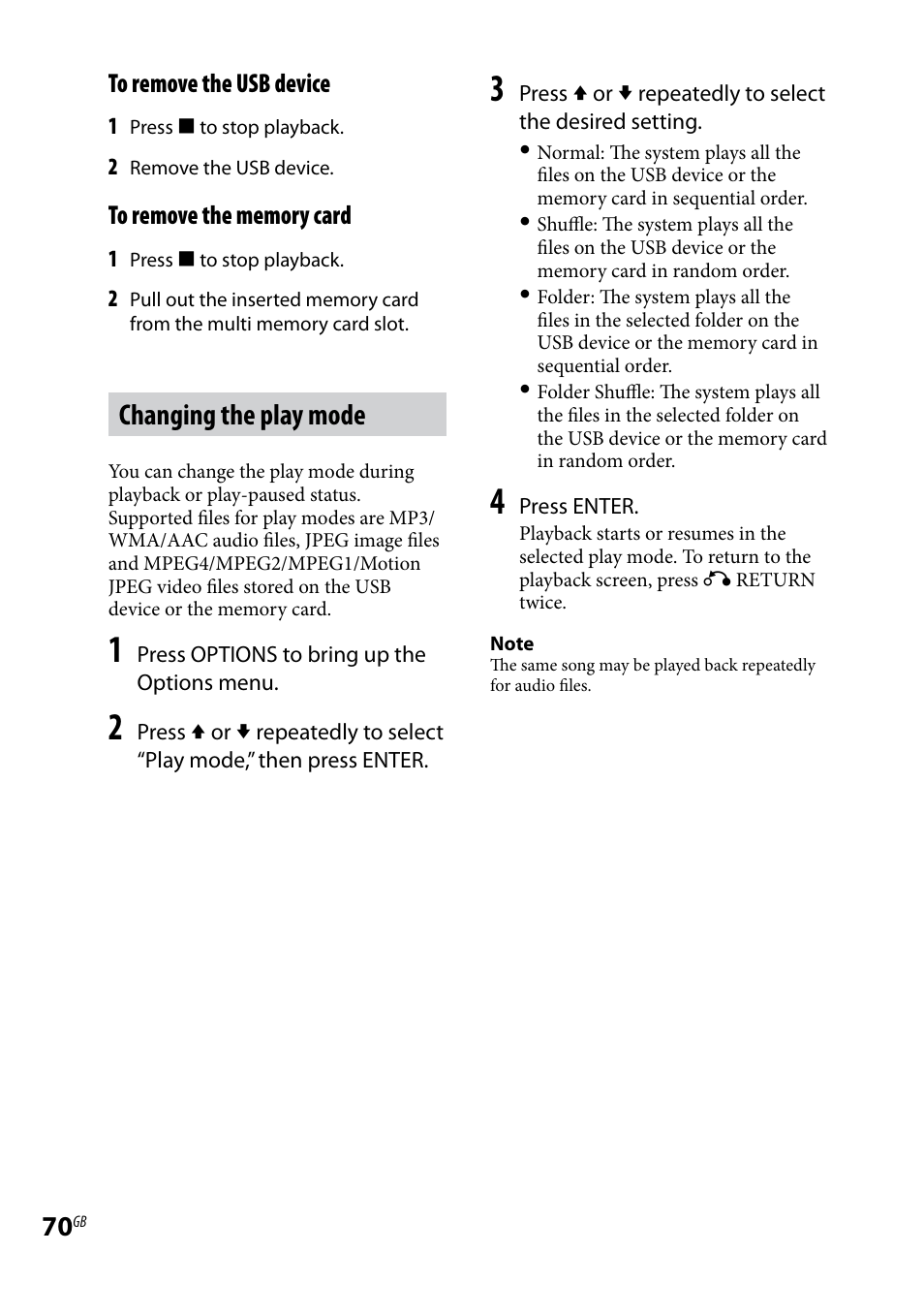 Changing the play mode | Sony WHG-SLK1I User Manual | Page 70 / 127