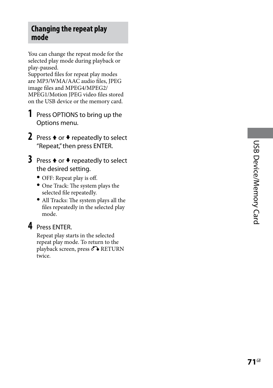 Changing the repeat play mode | Sony WHG-SLK1I User Manual | Page 71 / 127