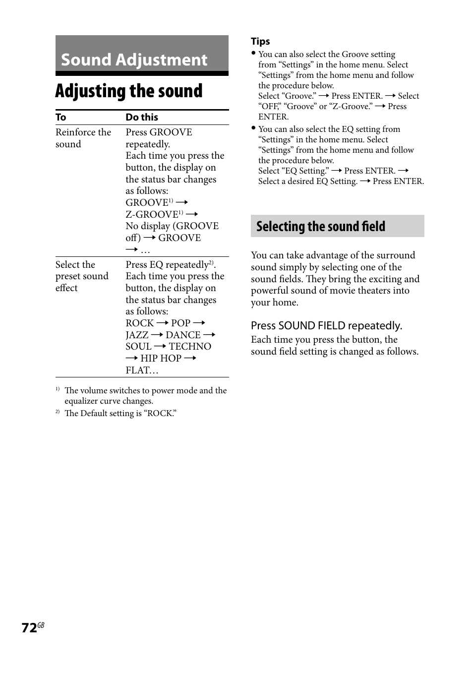 Sound adjustment, Adjusting the sound, Selecting the sound field | Sony WHG-SLK1I User Manual | Page 72 / 127