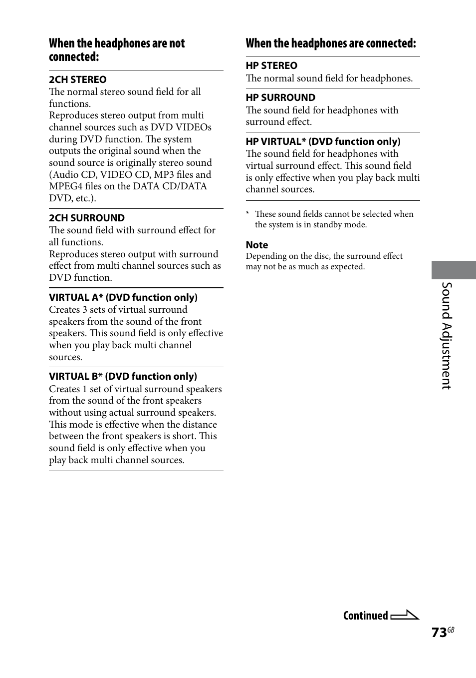 Sound a djustmen t, When the headphones are not connected, When the headphones are connected | Sony WHG-SLK1I User Manual | Page 73 / 127