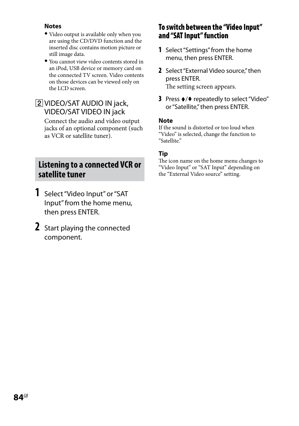 Listening to a connected vcr or satellite tuner | Sony WHG-SLK1I User Manual | Page 84 / 127