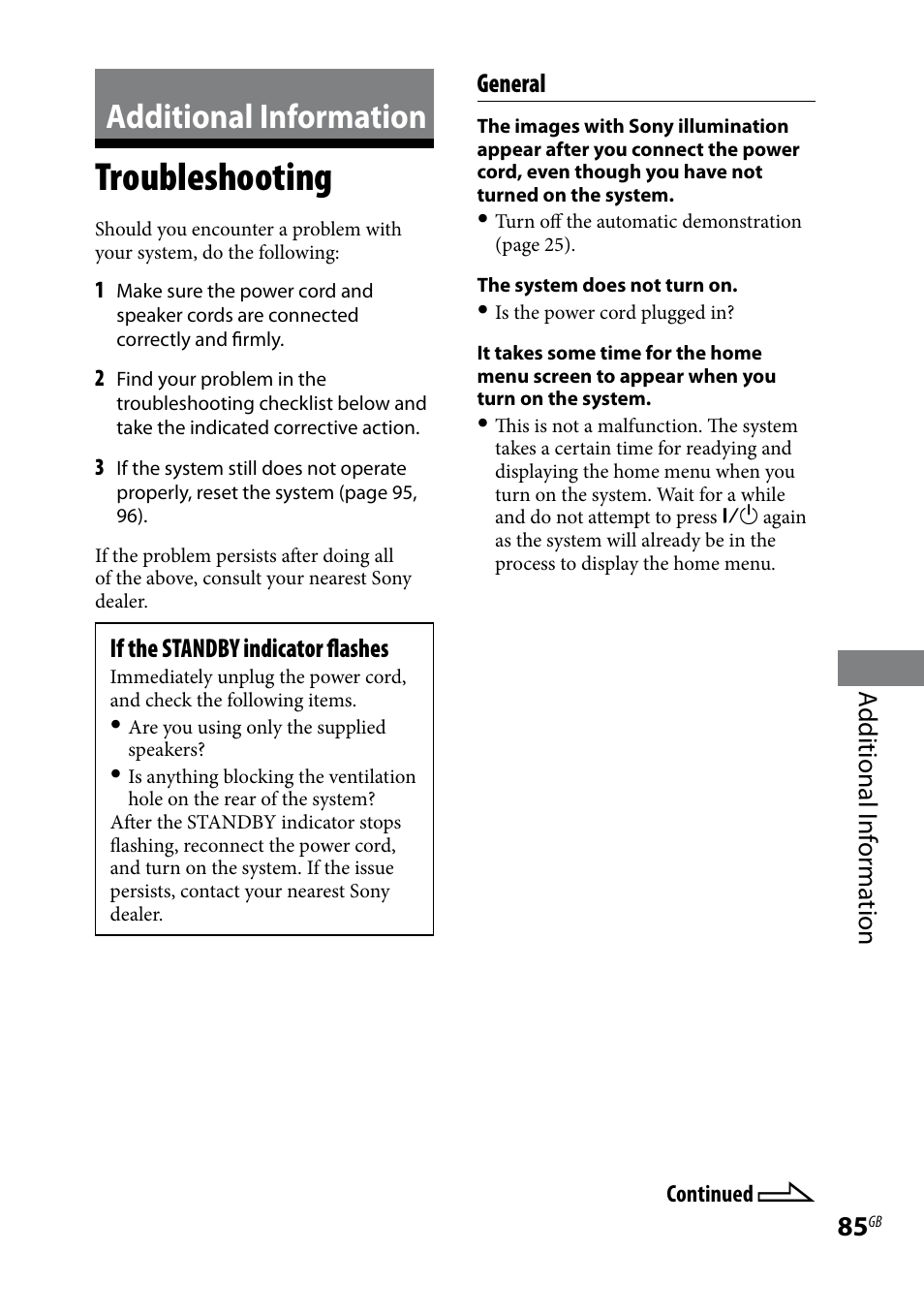 Additional information, Troubleshooting, Additional i nf or ma tion | If the standby indicator flashes, General | Sony WHG-SLK1I User Manual | Page 85 / 127