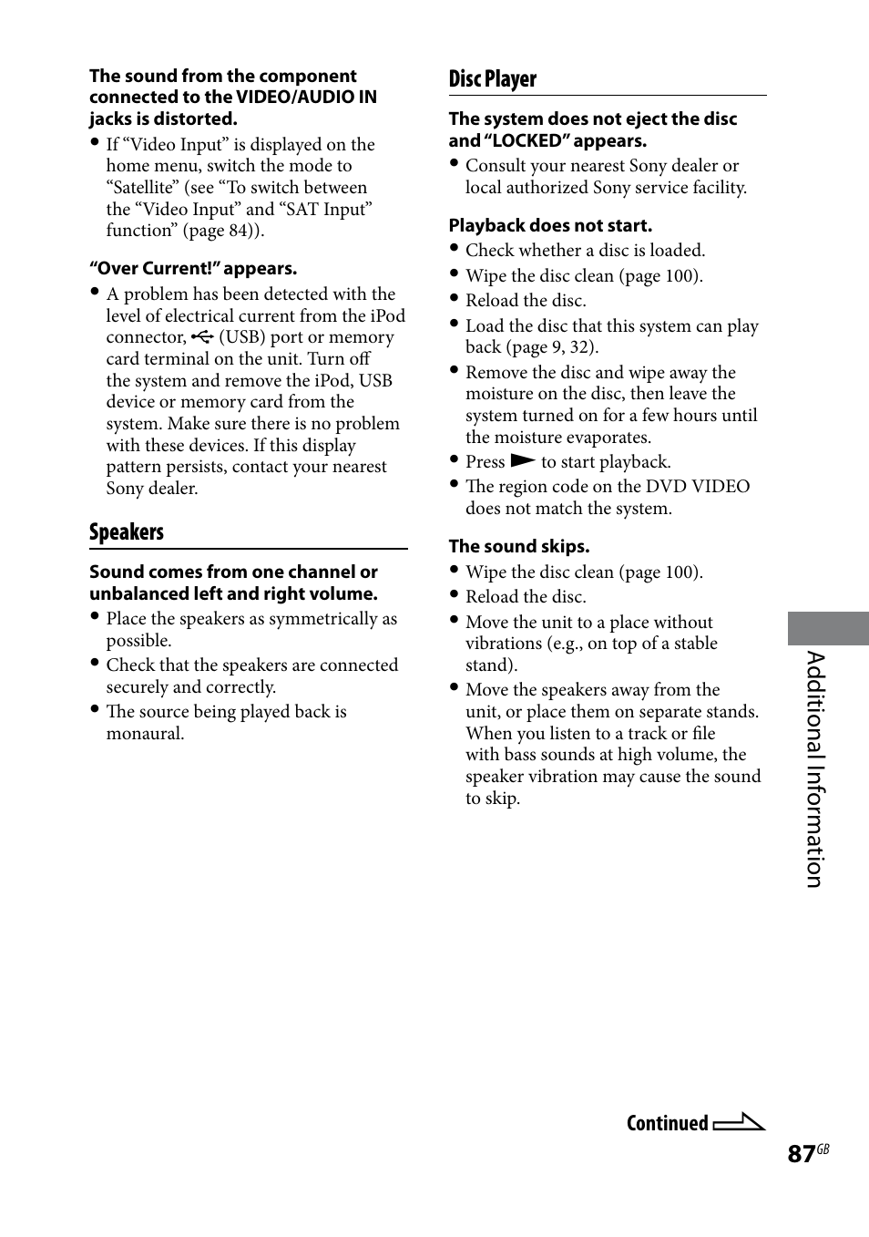 Additional i nf or ma tion, Speakers, Disc player | Sony WHG-SLK1I User Manual | Page 87 / 127