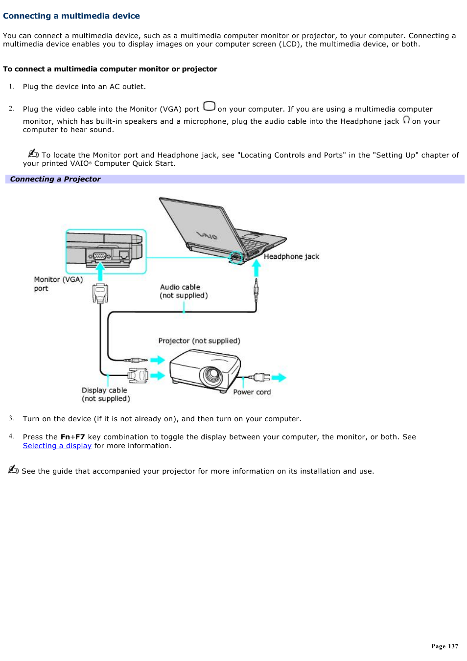 Connecting a multimedia device | Sony PCG-Z1VAP2 User Manual | Page 137 / 170