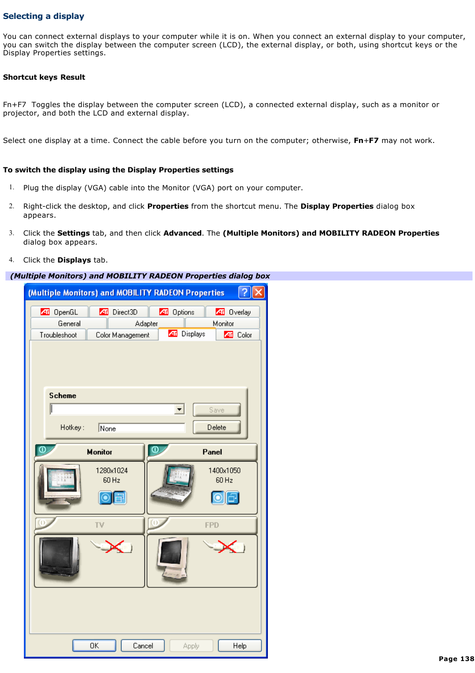 Selecting a display, For more, And flat-panel display. see | Sony PCG-Z1VAP2 User Manual | Page 138 / 170