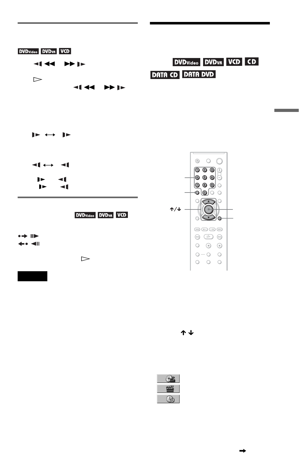 Searching for a title/chapter/track/scene, etc, Buttons (35, Searching for a title/ chapter/track/scene, etc | Watching frame by frame (slow-motion play), Playing one frame at a time (freeze frame) | Sony DVP-NS71HP User Manual | Page 35 / 78