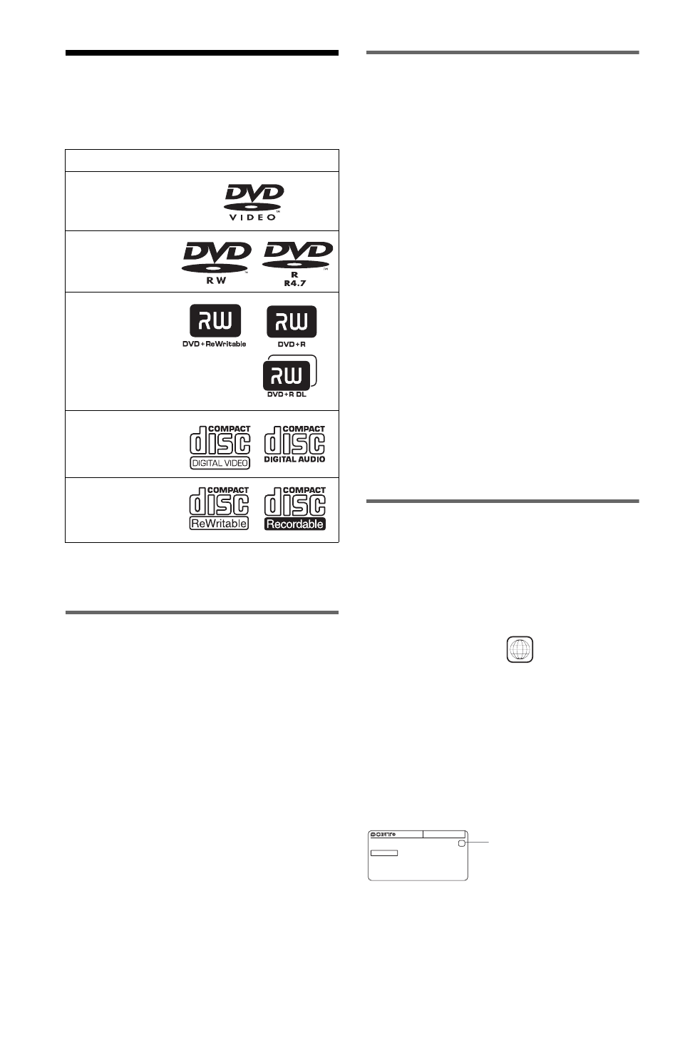 L1 - this player can play the following discs, This player can play the following discs, Example of discs that the player cannot play | Region code | Sony DVP-NS71HP User Manual | Page 8 / 78