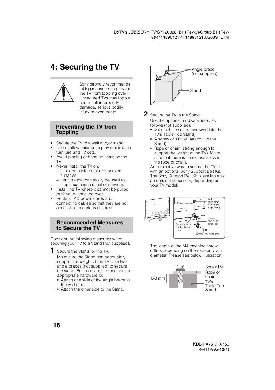 Securing the tv | Sony KDL-55HX751 User Manual | Page 16 / 36