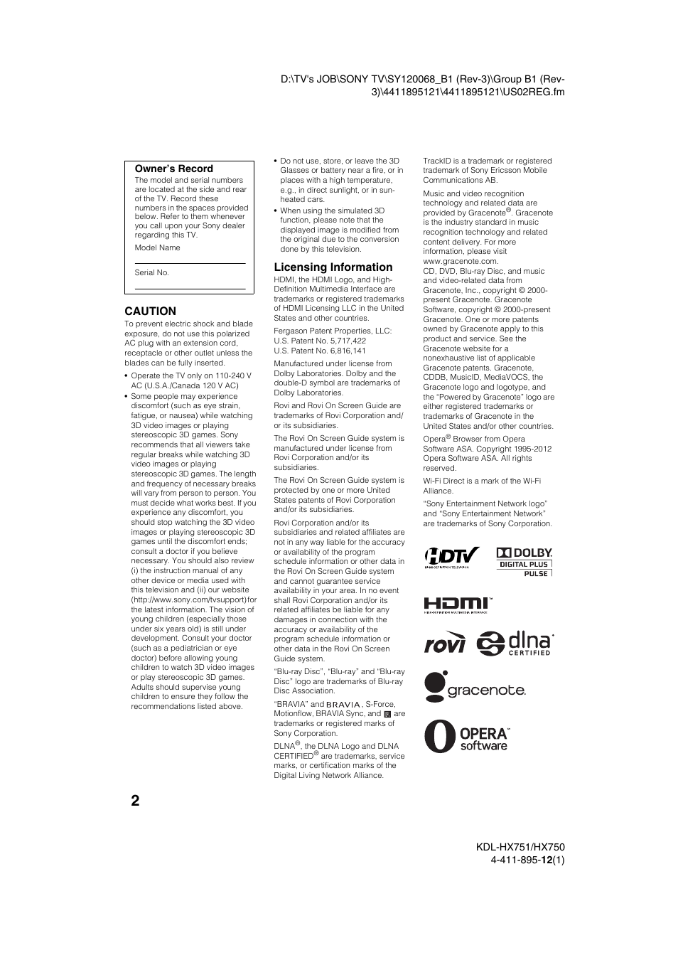 Caution, Licensing information | Sony KDL-55HX751 User Manual | Page 2 / 36