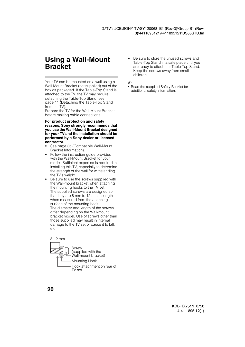 Using a wall-mount bracket | Sony KDL-55HX751 User Manual | Page 20 / 36