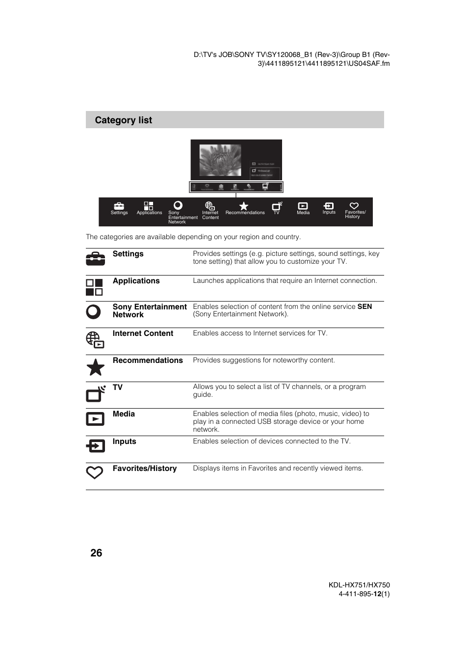 Category list | Sony KDL-55HX751 User Manual | Page 26 / 36