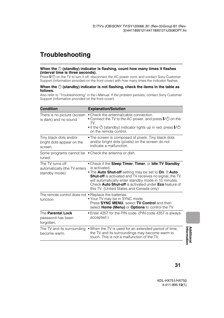 Additional information, Troubleshooting | Sony KDL-55HX751 User Manual | Page 31 / 36