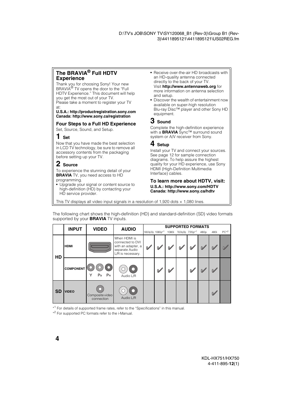 The bravia, Full hdtv experience | Sony KDL-55HX751 User Manual | Page 4 / 36