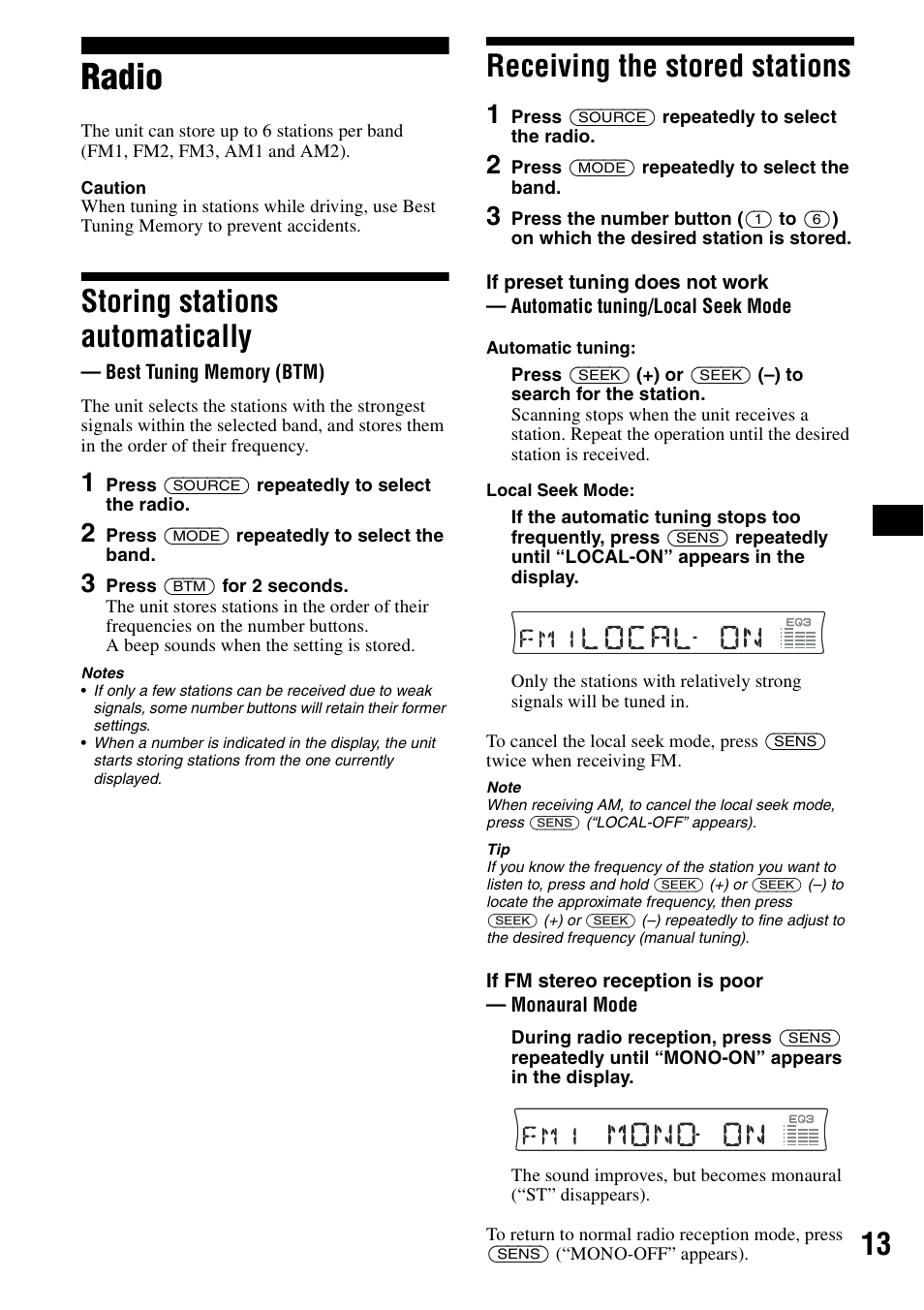 Radio, Storing stations automatically, Best tuning memory (btm) | Receiving the stored stations | Sony CDX-R3300 User Manual | Page 13 / 68