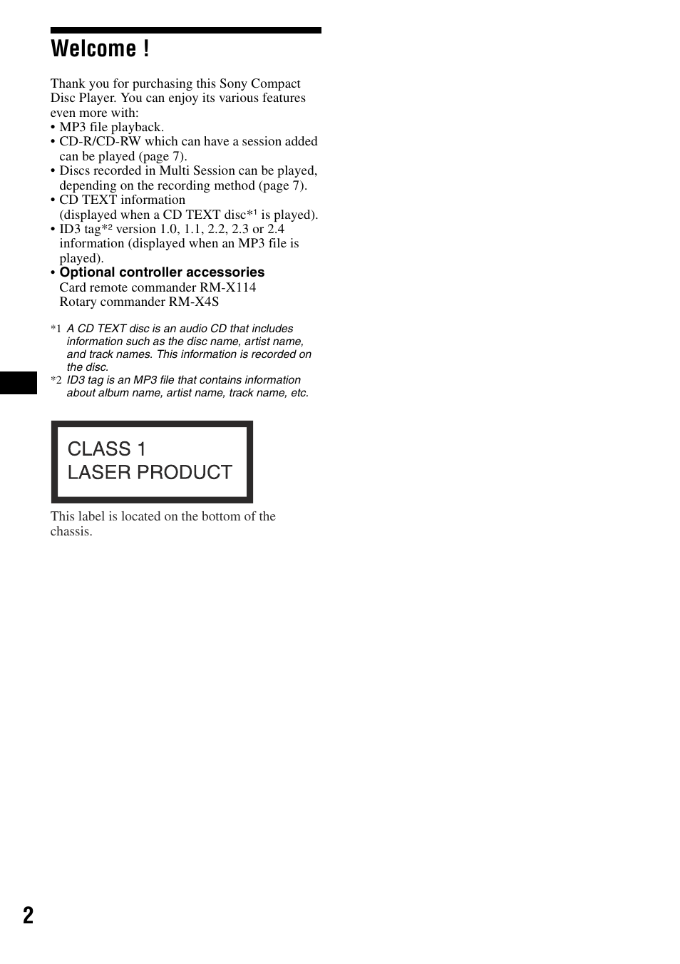 2welcome | Sony CDX-R3300 User Manual | Page 2 / 68