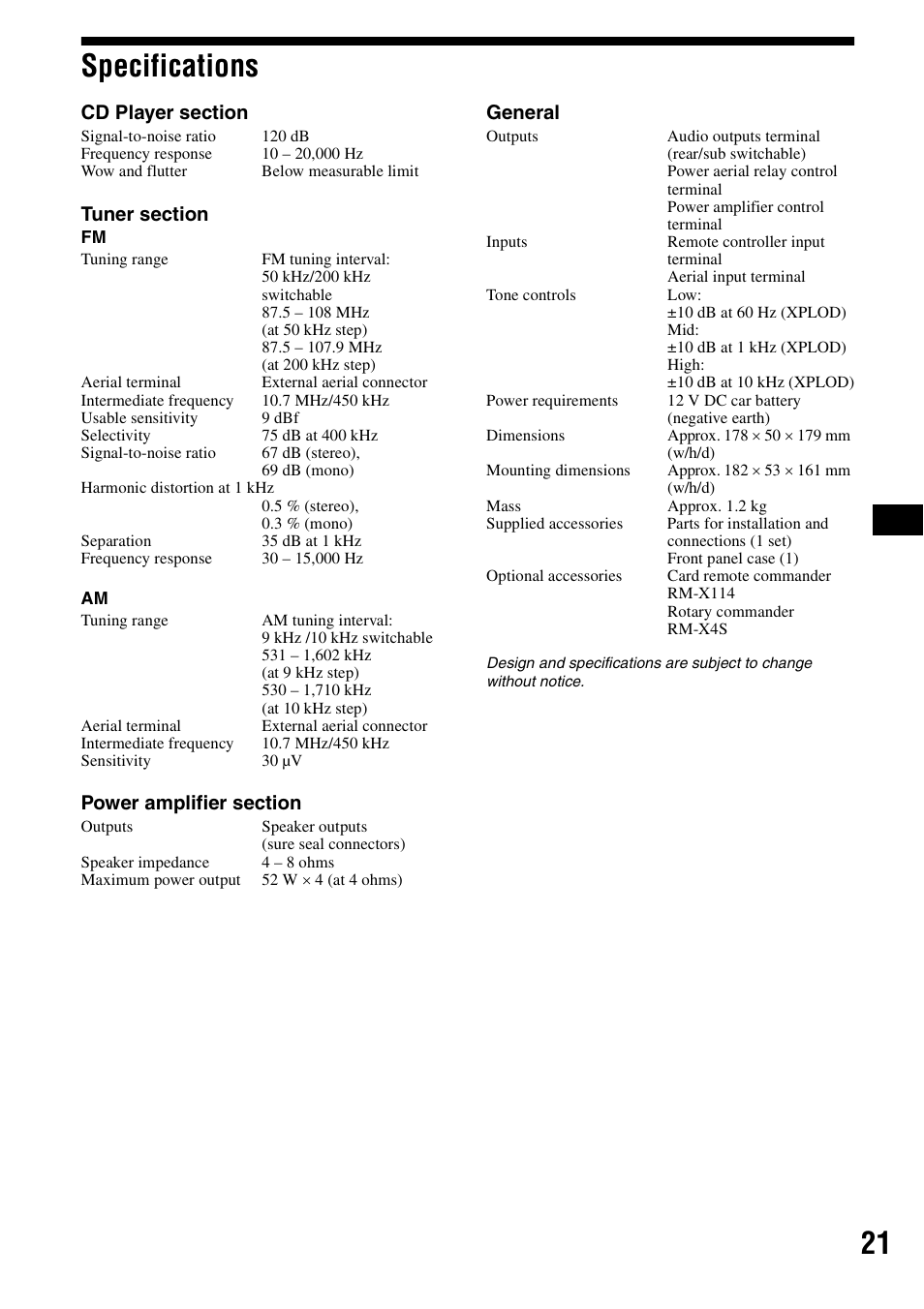 Specifications, 21 specifications | Sony CDX-R3300 User Manual | Page 21 / 68