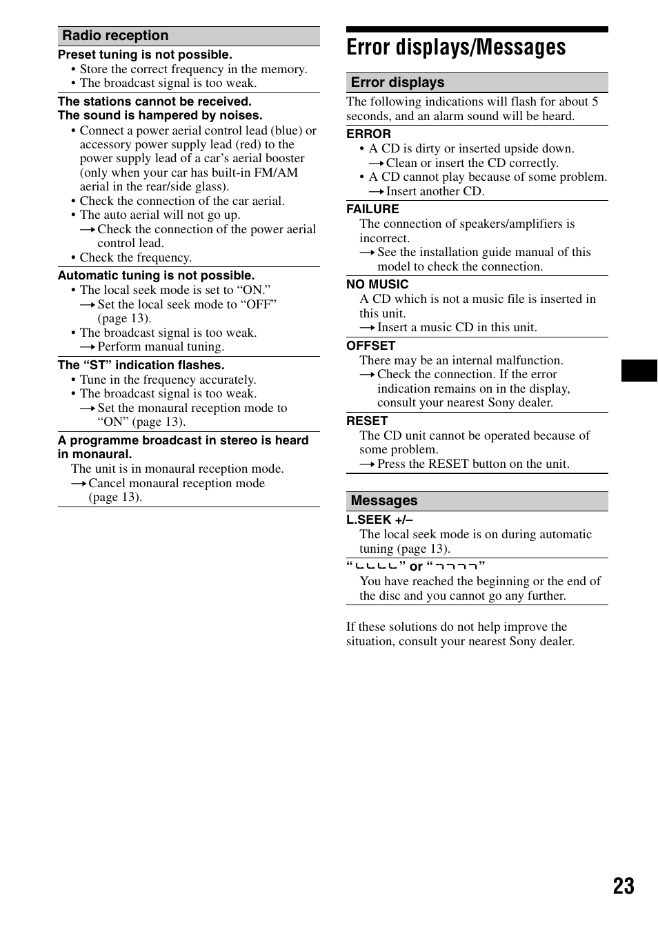 Error displays/messages, 23 error displays/messages | Sony CDX-R3300 User Manual | Page 23 / 68