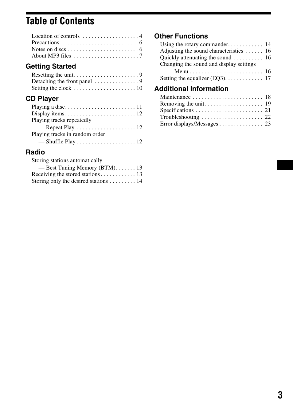 3table of contents | Sony CDX-R3300 User Manual | Page 3 / 68