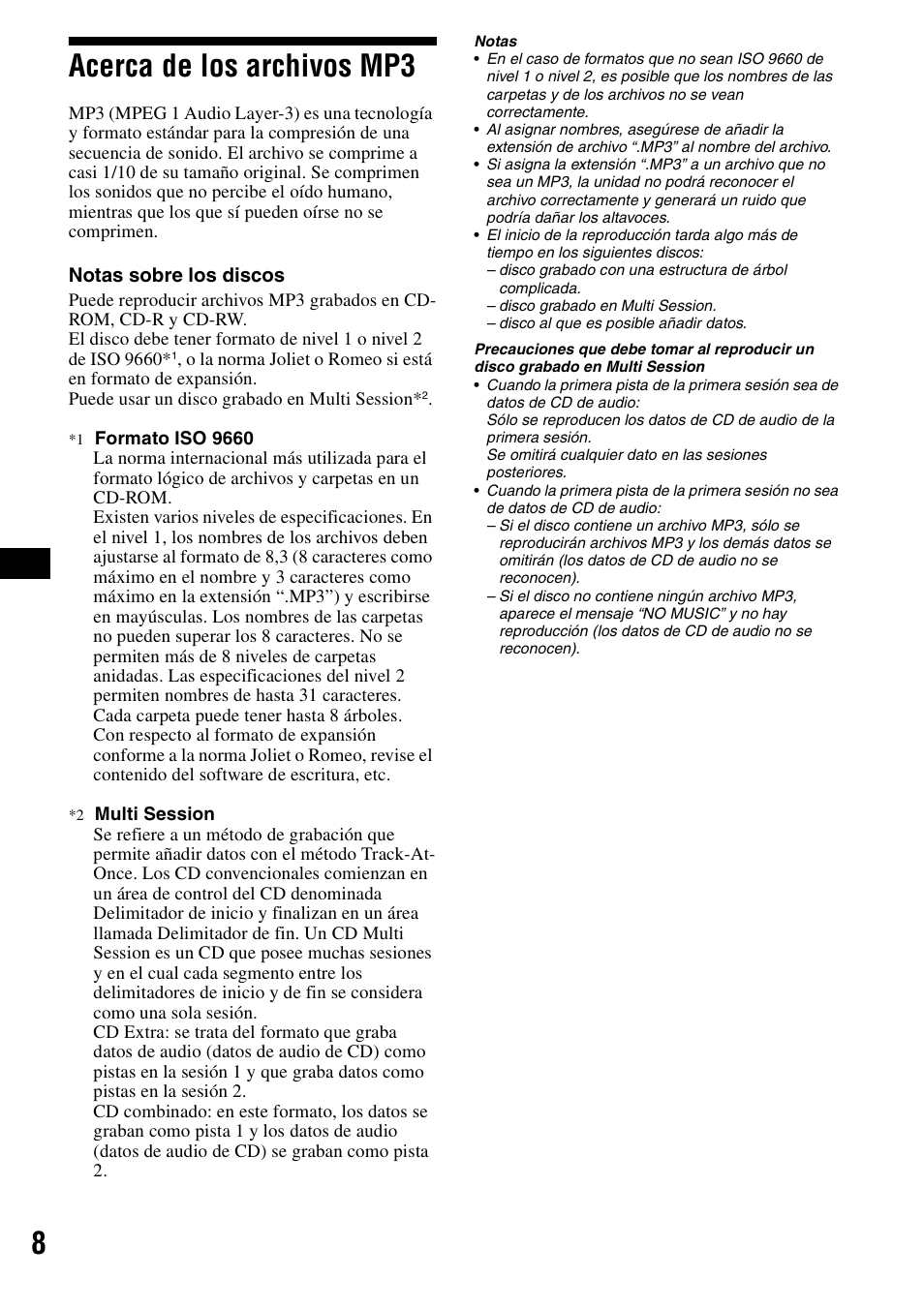 Acerca de los archivos mp3, 8acerca de los archivos mp3 | Sony CDX-R3300 User Manual | Page 30 / 68