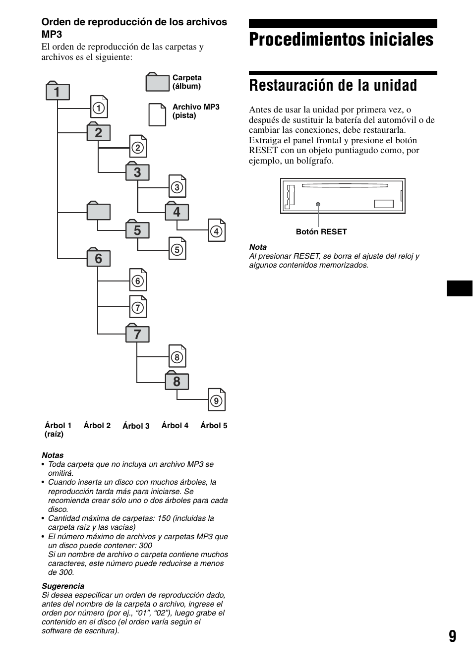 Procedimientos iniciales, Restauración de la unidad | Sony CDX-R3300 User Manual | Page 31 / 68