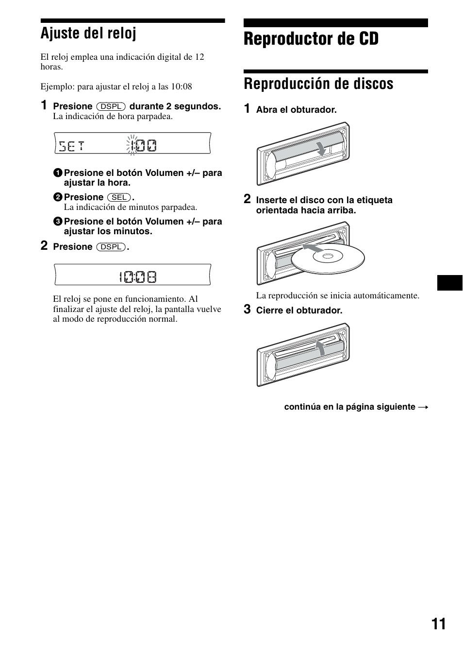 Ajuste del reloj, Reproductor de cd, Reproducción de discos | 11 ajuste del reloj | Sony CDX-R3300 User Manual | Page 33 / 68
