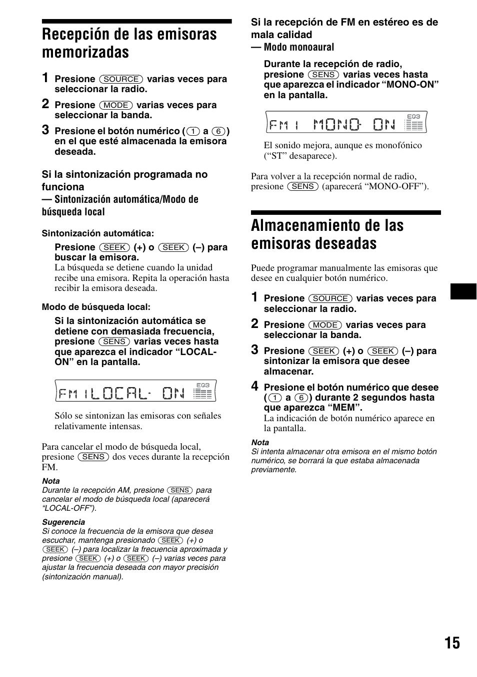 Recepción de las emisoras memorizadas, Almacenamiento de las emisoras deseadas, Recepción de las emisoras | Memorizadas, Almacenamiento de las emisoras, Deseadas | Sony CDX-R3300 User Manual | Page 37 / 68