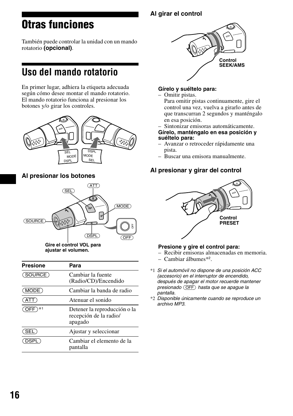 Otras funciones, Uso del mando rotatorio | Sony CDX-R3300 User Manual | Page 38 / 68