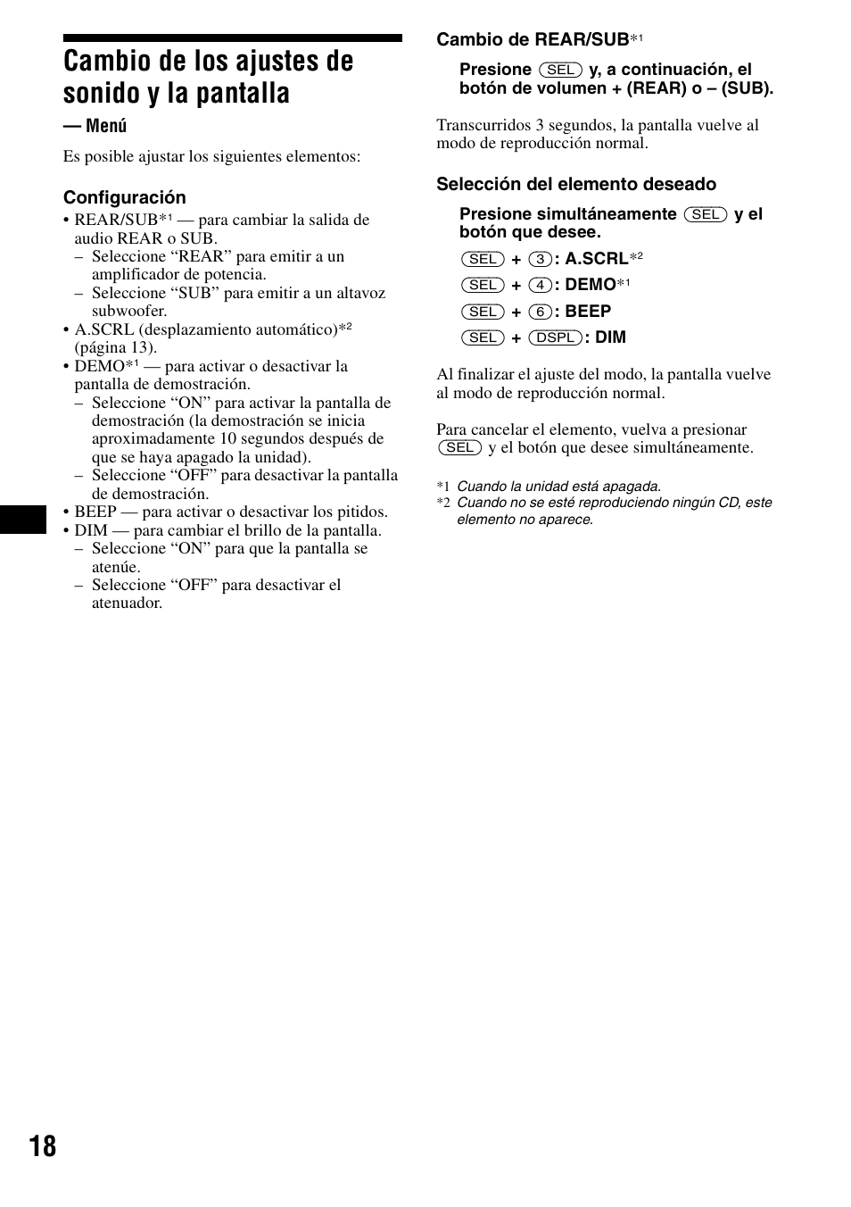 Cambio de los ajustes de sonido y la pantalla, Menú, 18 cambio de los ajustes de sonido y la pantalla | Sony CDX-R3300 User Manual | Page 40 / 68