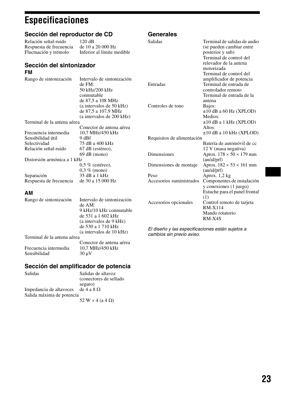 Especificaciones, 23 especificaciones | Sony CDX-R3300 User Manual | Page 45 / 68