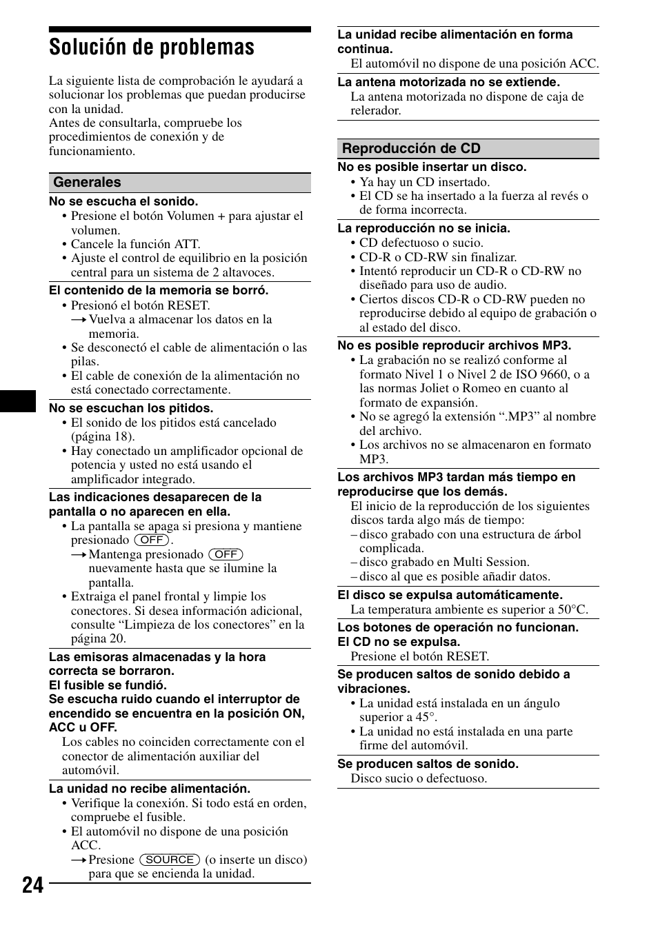 Solución de problemas, 24 solución de problemas | Sony CDX-R3300 User Manual | Page 46 / 68