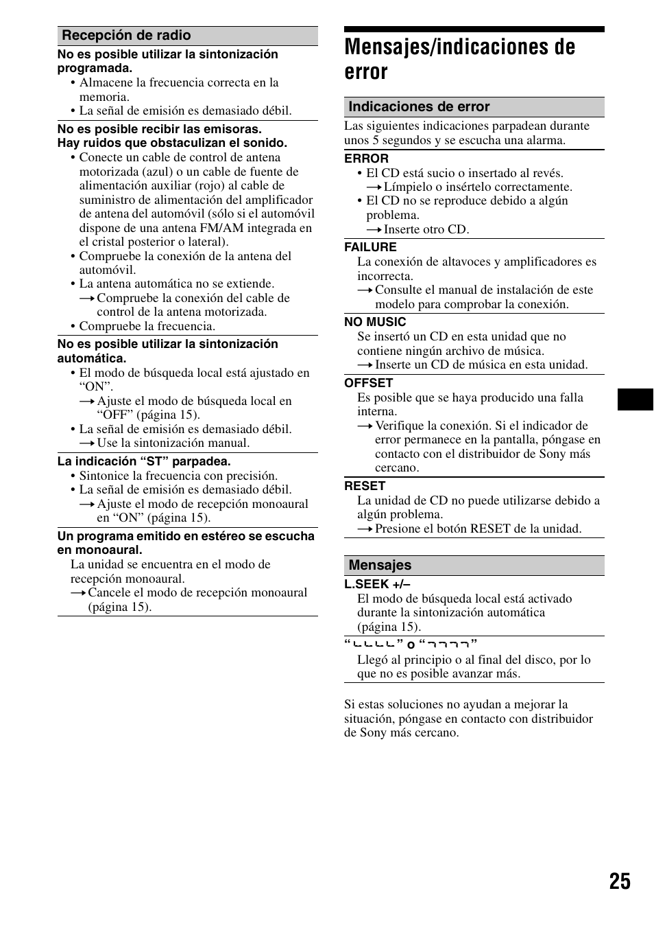 Mensajes/indicaciones de error, 25 mensajes/indicaciones de error | Sony CDX-R3300 User Manual | Page 47 / 68