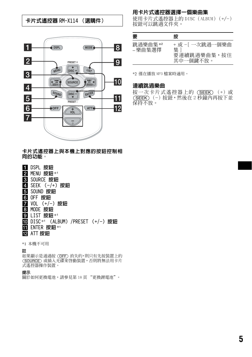 用卡片式遙控器選擇一個樂曲集, 連續跳過樂曲, 卡片式遙控器 rm-x114 （選購件 | 卡片式遙控器上與本機上對應的按鈕控制相 同的功能。 a dspl 按鈕 b menu 按鈕, J disc, Album）/preset （+/-）按鈕 k enter 按鈕, L att 按鈕, 使用卡片式遙控器上的 disc（album）（+/-） 按鈕可以跳過文件夾, 跳過樂曲集, 樂曲集選擇 + 或 -[ 一次跳過一個樂曲 集 ] 要連續跳過樂曲集，按住 其中一個鍵不放 | Sony CDX-R3300 User Manual | Page 51 / 68