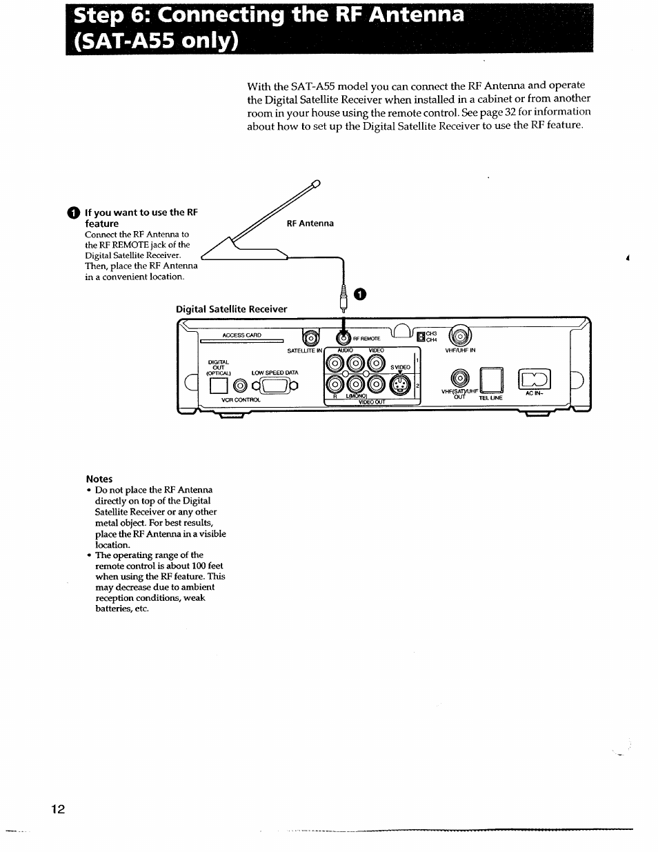 Step 6: connecting the rf antenna (sat-a55 only), Notes | Sony SAT-A55 User Manual | Page 12 / 80