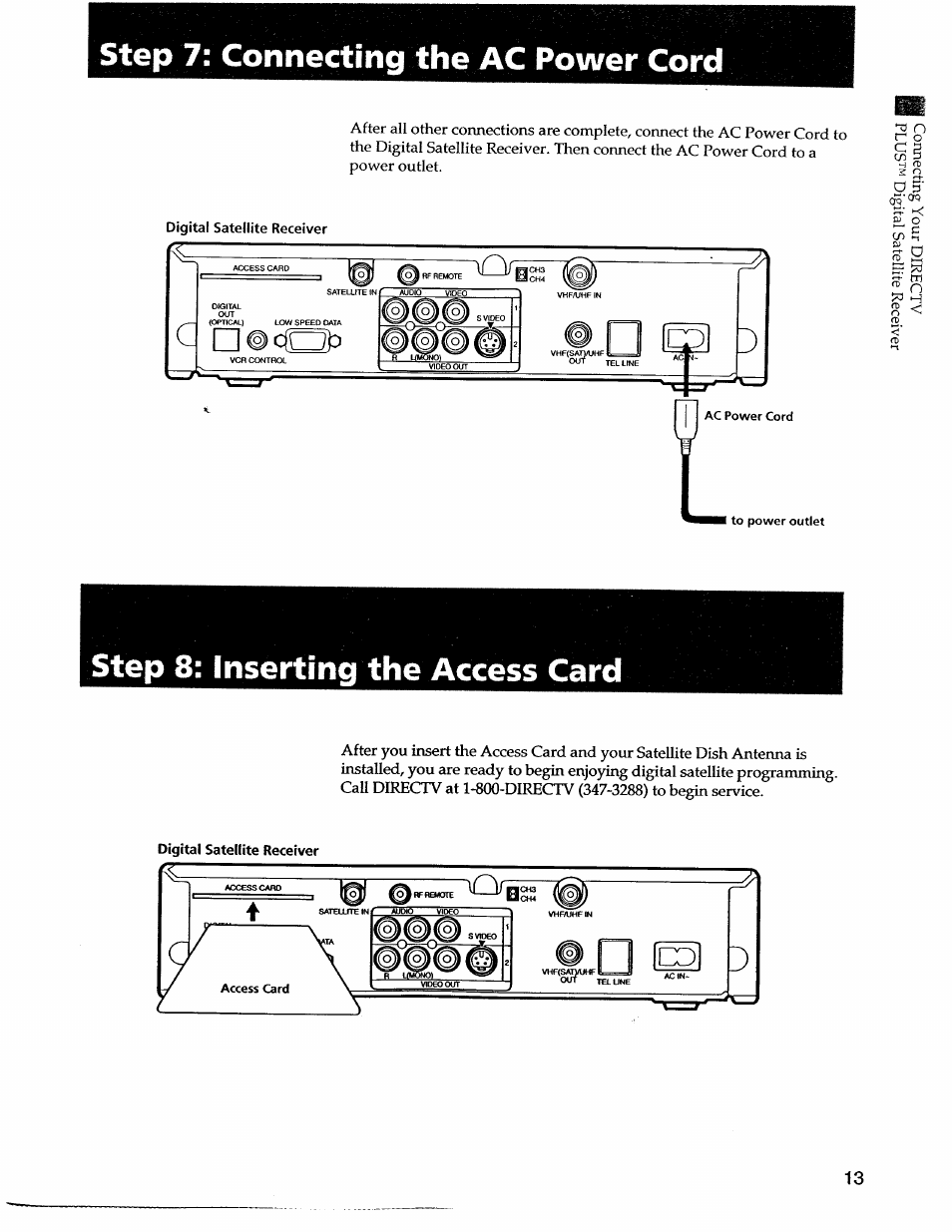 Step 8: inserting the access card, Step 7: connecting the ac power cord | Sony SAT-A55 User Manual | Page 13 / 80