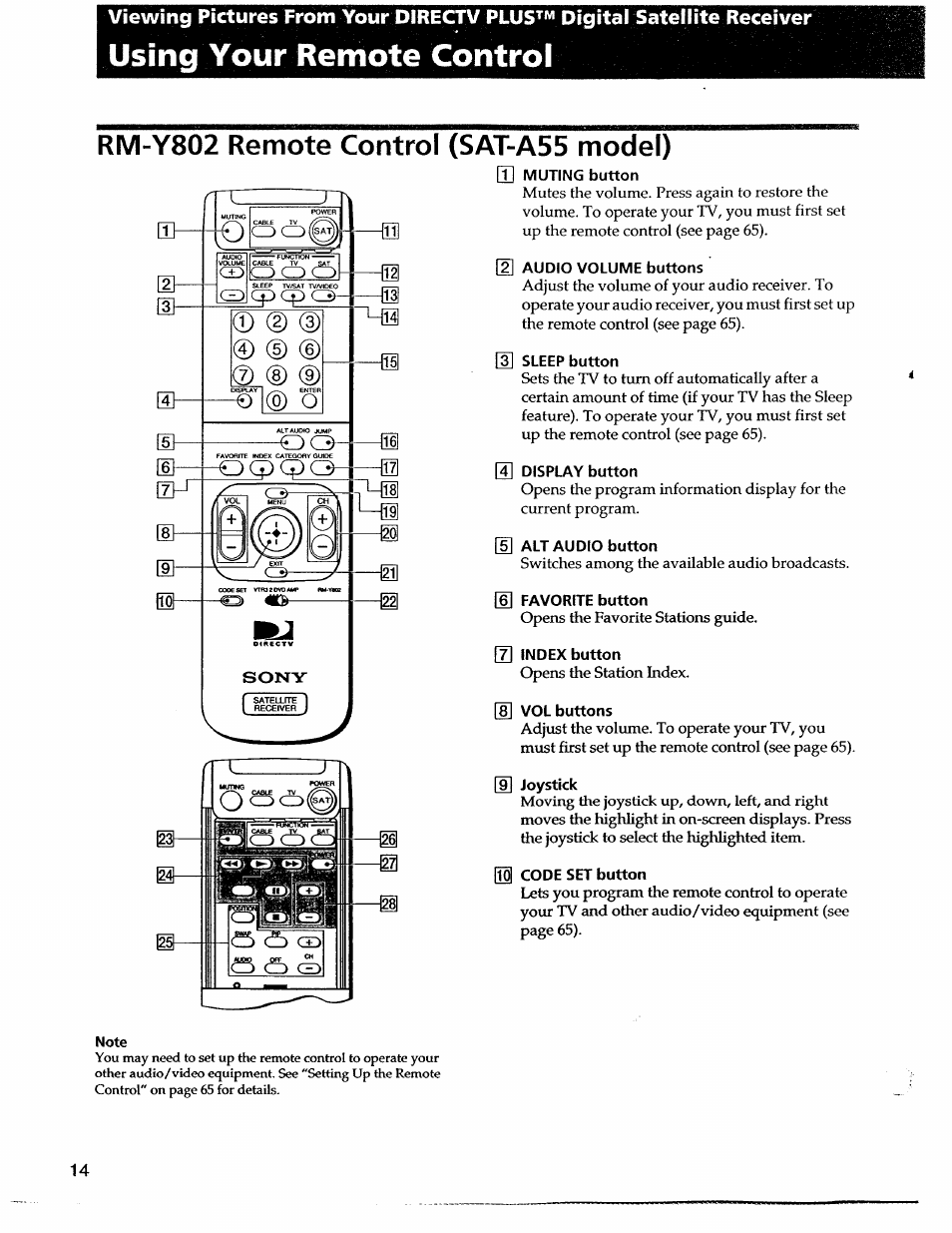 Using your remote control, Rm-y802 remote control (sat-a55 model), 2] audio volume buttons | B sleep button, G] display button, 5] alt audio button, 6] favorite button, 7] index button, 8] vol buttons, 9] joystick | Sony SAT-A55 User Manual | Page 14 / 80