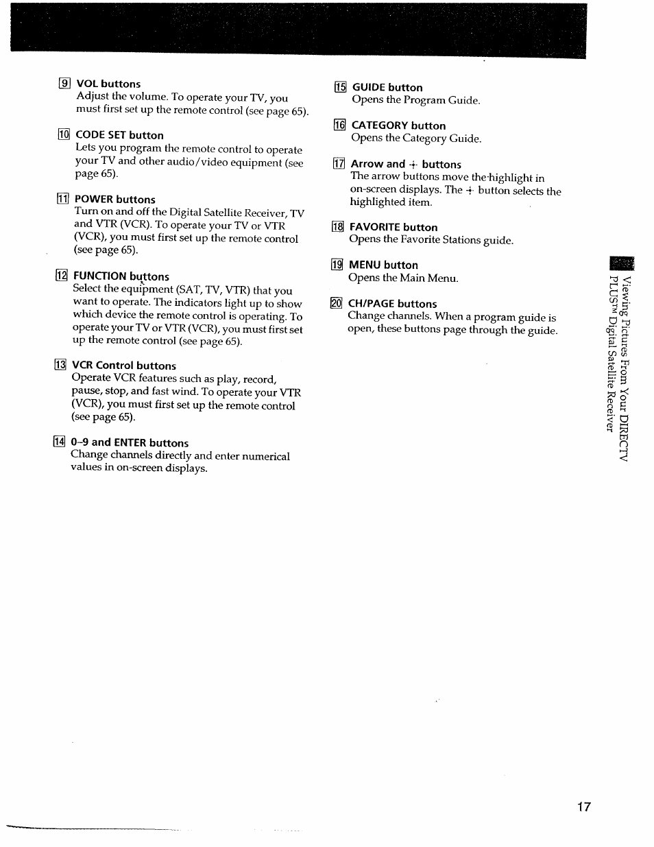 9] vol buttons, M code set button, 03! power buttons | M function buttons, 01 vcr control buttons, 03 0-9 and enter buttons, Guide button, Category button, Arrow and -j buttons, Favorite button | Sony SAT-A55 User Manual | Page 17 / 80