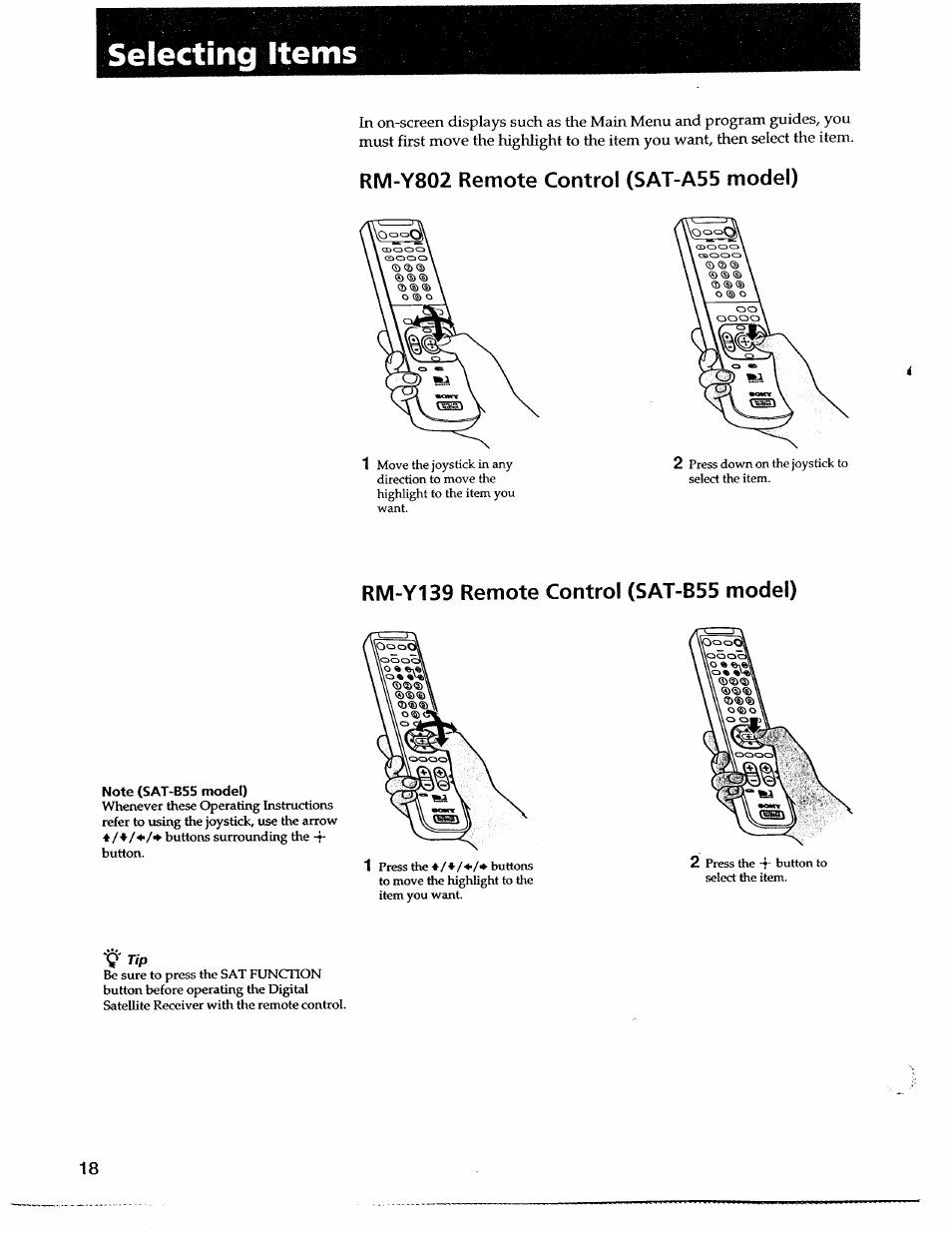 Selecting items, Rm-y802 remote control (sat-a55 model), Rm-y139 remote control (sat-b55 model) | 7 tip | Sony SAT-A55 User Manual | Page 18 / 80