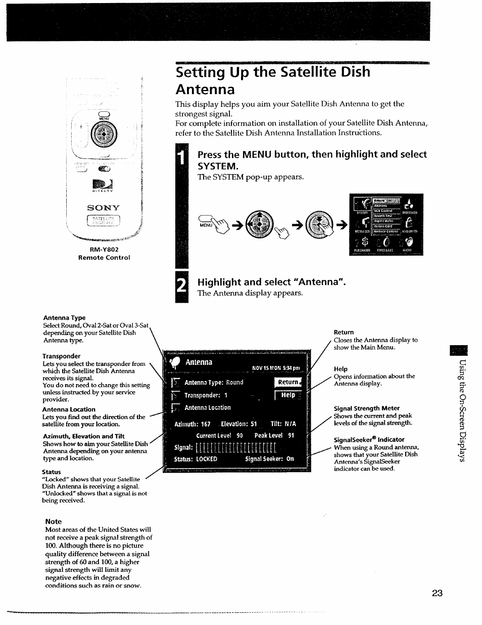 Setting up the satellite dish antenna, Highlight and select "antenna, Note | Antenna | Sony SAT-A55 User Manual | Page 23 / 80