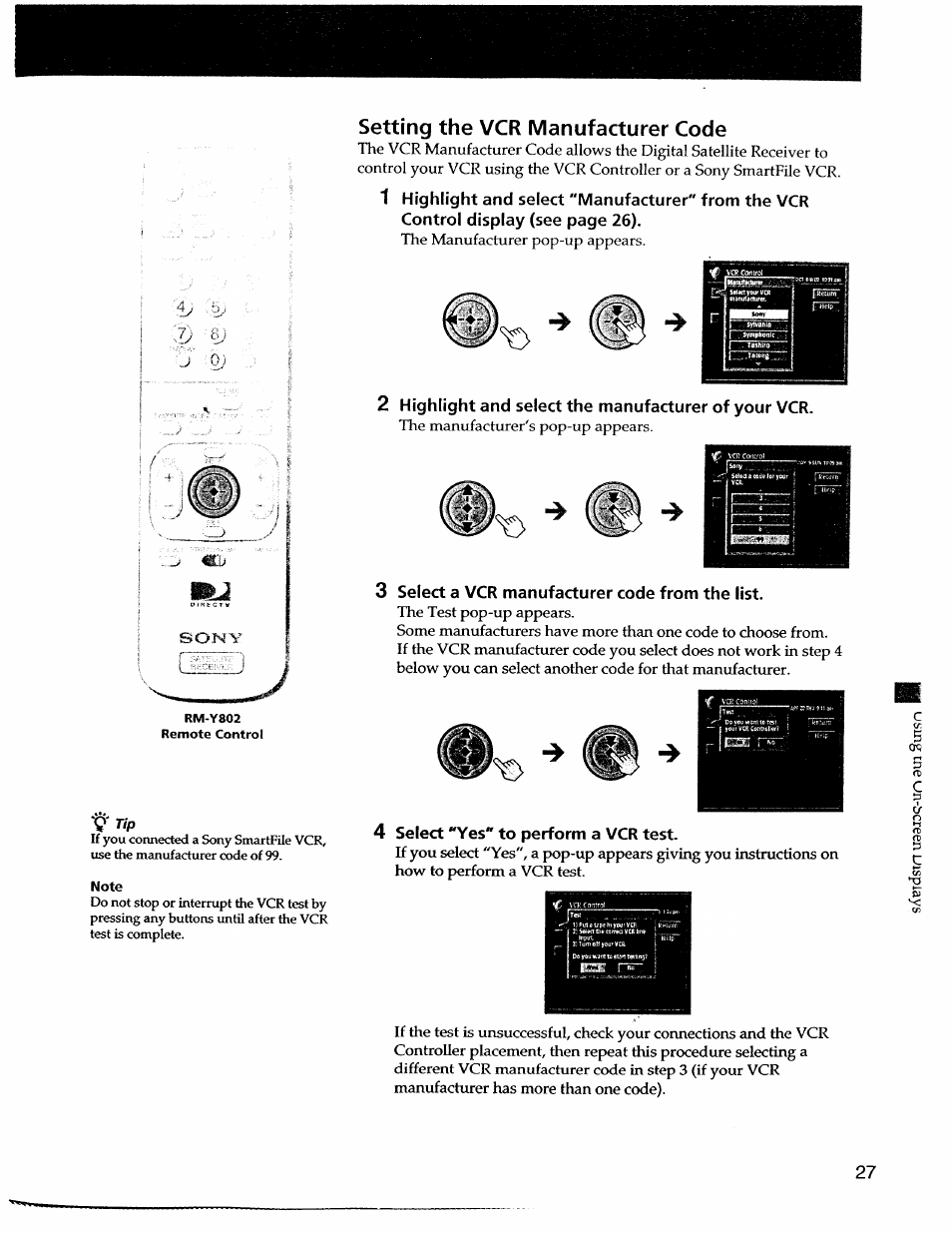 Note, Setting the vcr manufacturer code | Sony SAT-A55 User Manual | Page 27 / 80