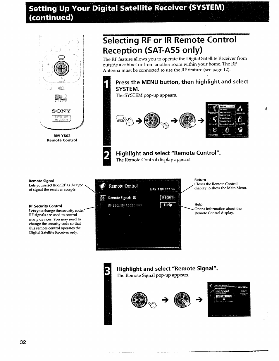 Highlight and select "remote control, Highlight and select "remote signal | Sony SAT-A55 User Manual | Page 32 / 80