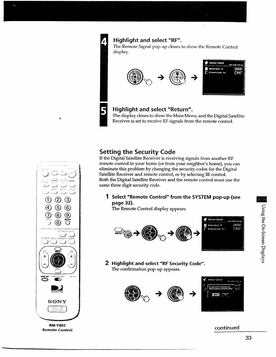 Highlight and select "rf, Highlight and select "return, Setting the security code | 0 (d, J. j | Sony SAT-A55 User Manual | Page 33 / 80