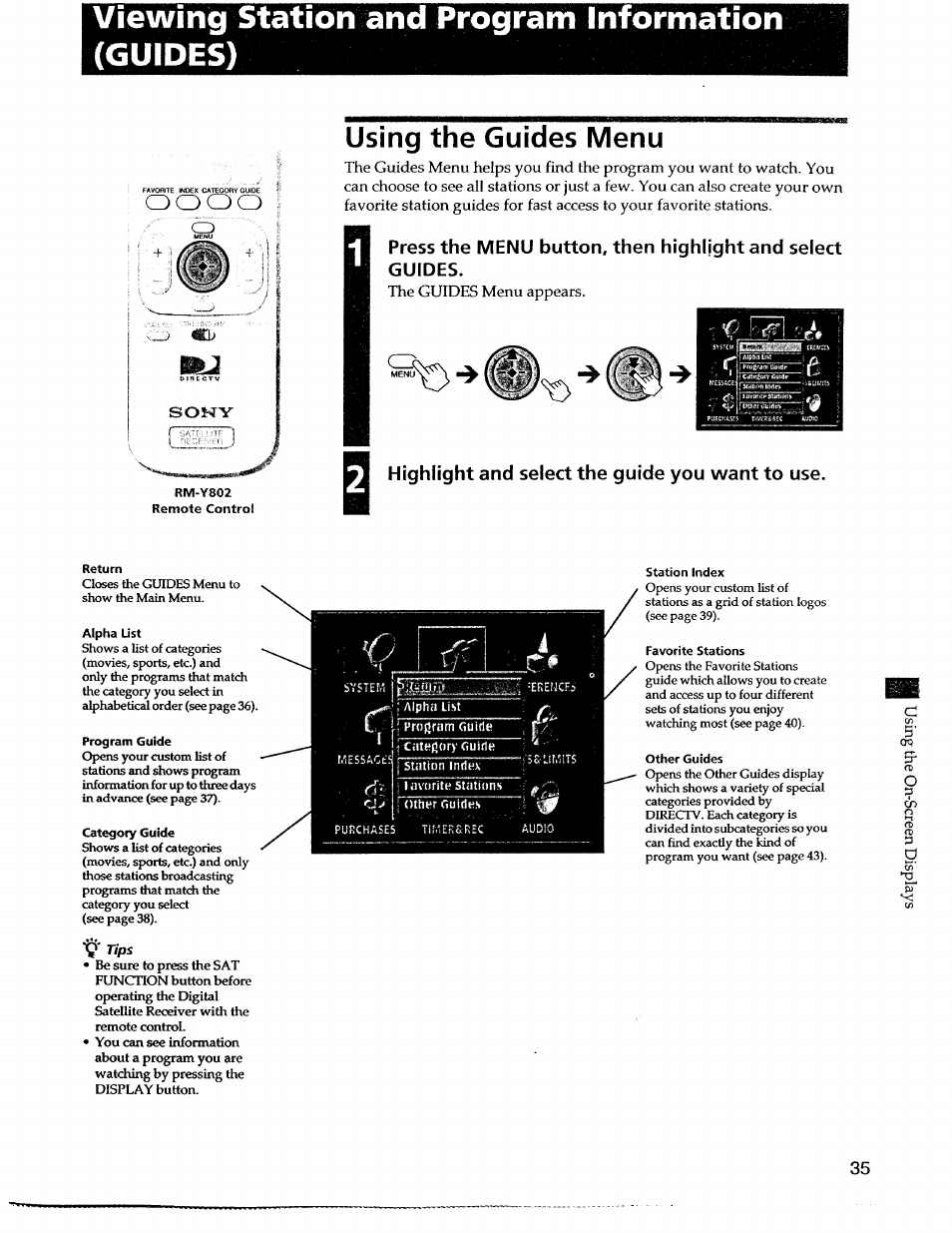 Viewing station and program information (guides), Using the guides menu, Highlight and select the guide you want to use | Viewing station and program information, Guides), Tips | Sony SAT-A55 User Manual | Page 35 / 80