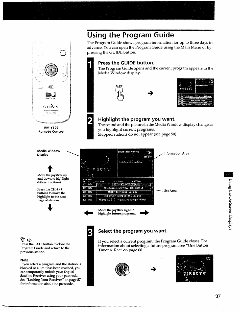 Using the program guide, Press the guide button, Highlight the program you want | Note, Select the program you want, Q'tip | Sony SAT-A55 User Manual | Page 37 / 80