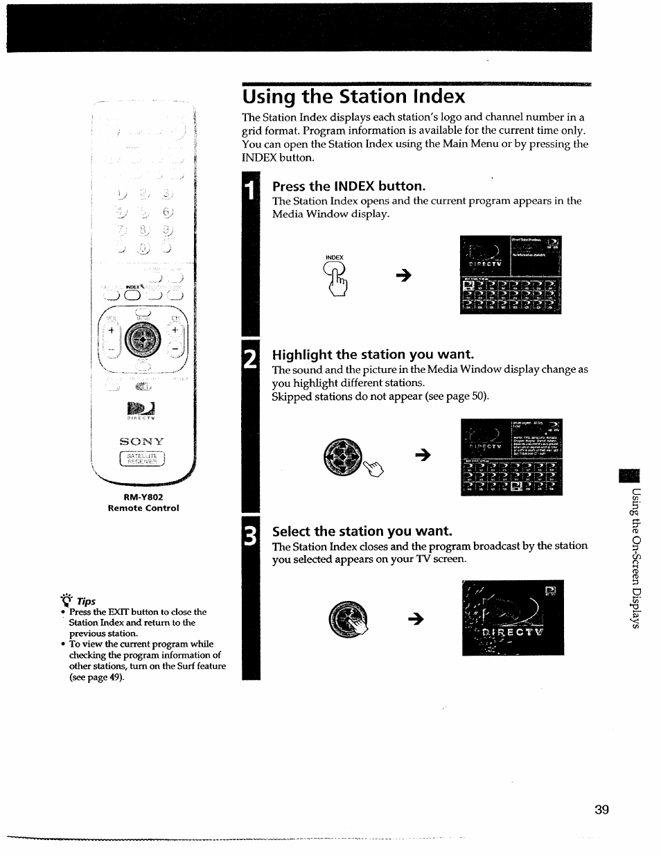 Using the station index, Press the index button, Highlight the station you want | Select the station you want, Tips | Sony SAT-A55 User Manual | Page 39 / 80